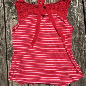 Red and White Striped Top with Lace Detail